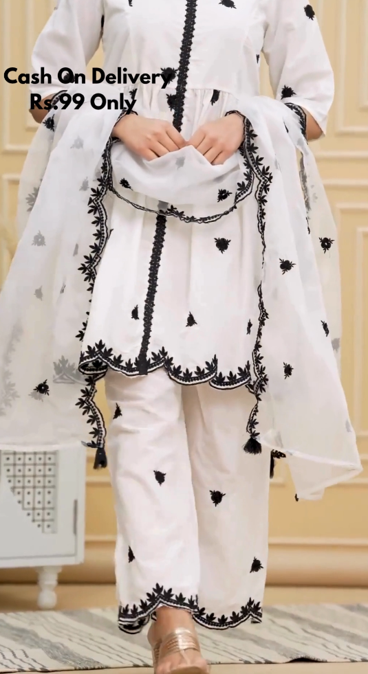 Graceful White & Black Embroidered Kurta Set – Classic Monochrome Elegance