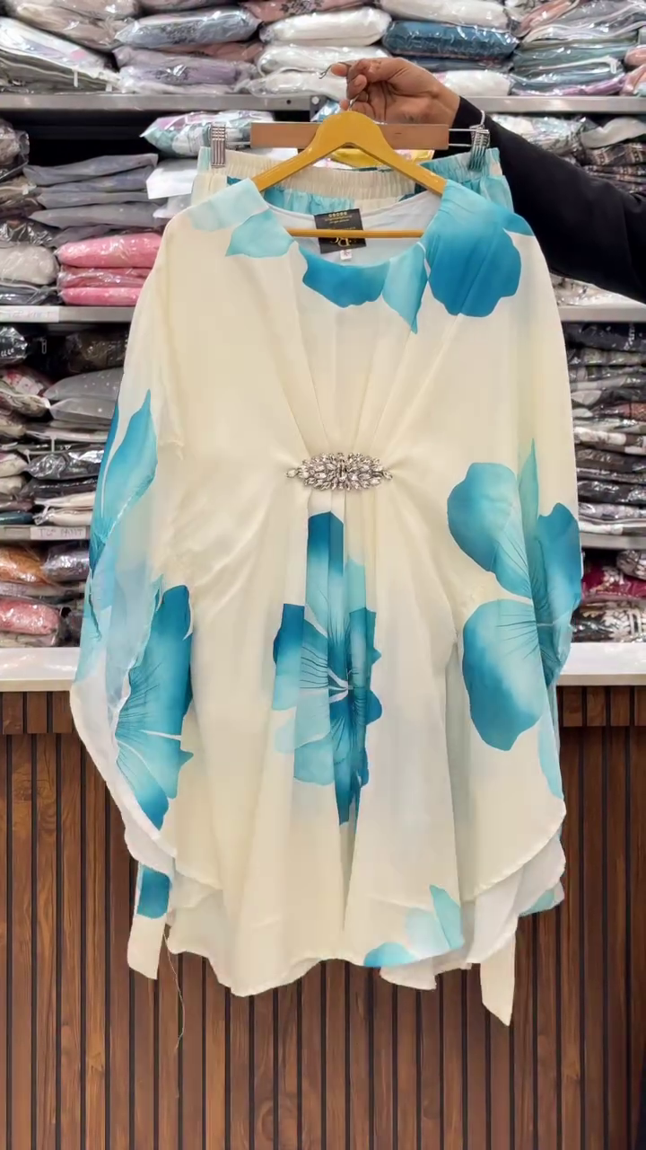 Elegant Ivory & Teal Floral Kaftan Set – Breezy Luxury with Statement Brooch