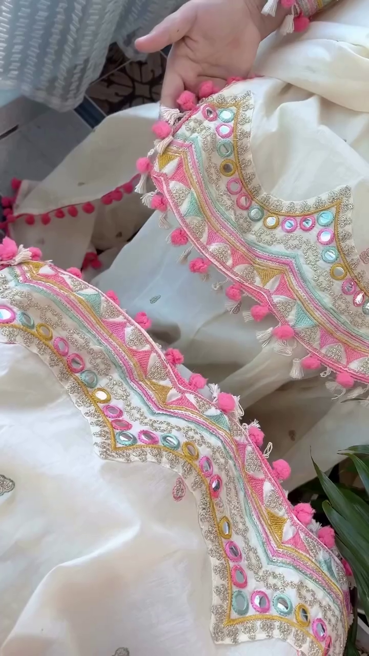 Elegant White Ethnic Suit with Pink Pom-Pom Dupatta – Graceful Festive Look ✨