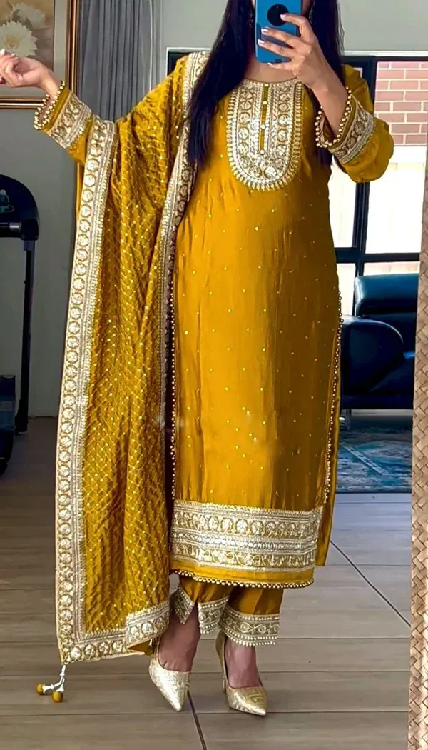 Radiant Mustard Yellow Embroidered Suit Set – Festive Elegance with Traditional Charm