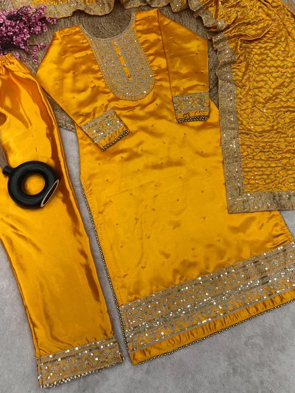 Radiant Mustard Yellow Embroidered Suit Set – Festive Elegance with Traditional Charm