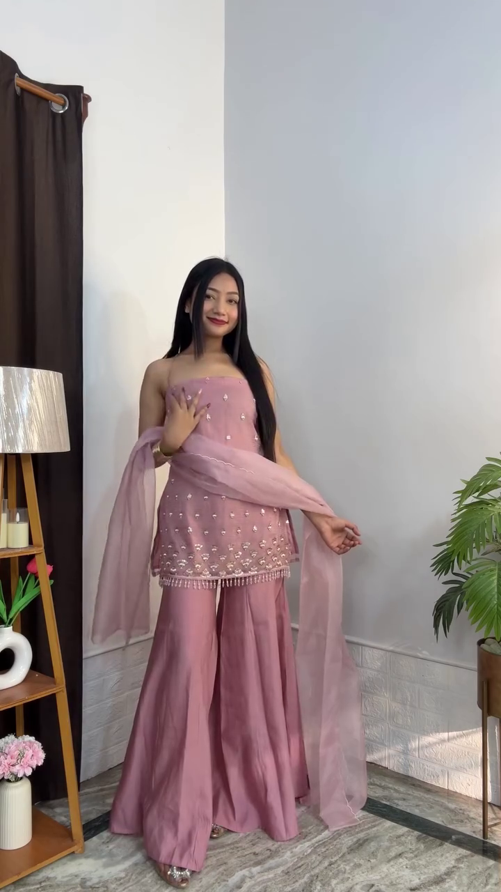 Elegant Dusty Pink Sharara Suit with Soft Feminine Charm