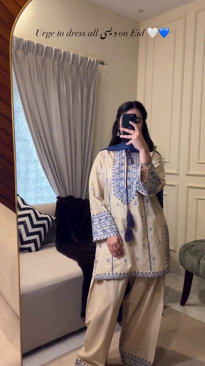 Classic Beige and Blue Embroidered Suit for Elegant Festive Wear