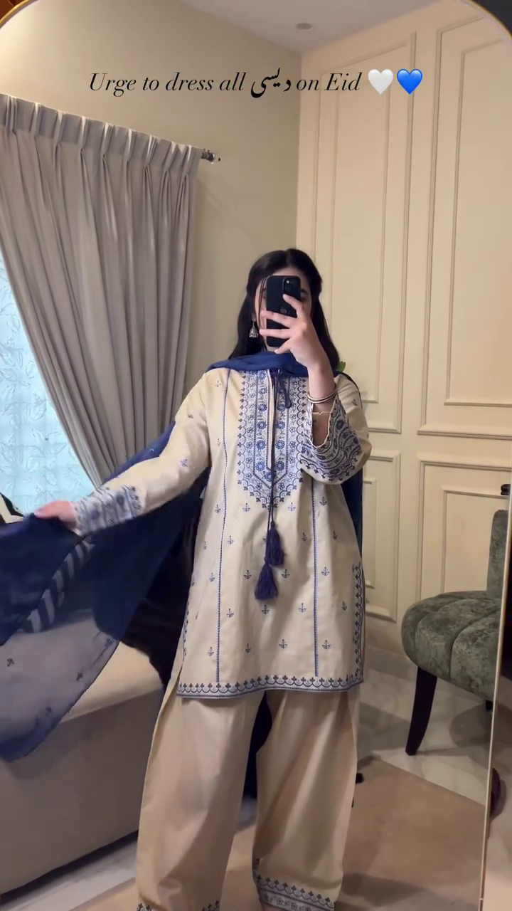 Classic Beige and Blue Embroidered Suit for Elegant Festive Wear
