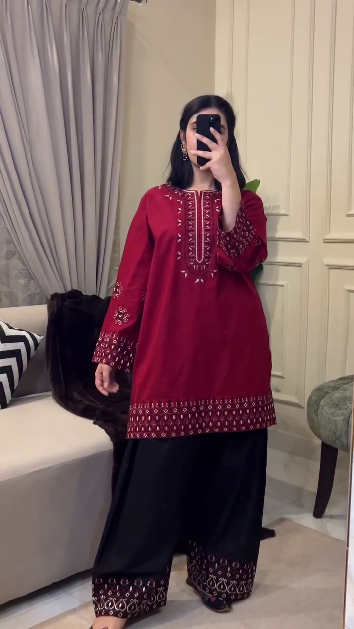 Stylish Red and Black Embroidered Suit for Modern Ethnic Style