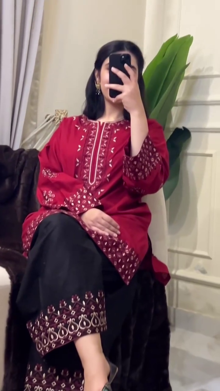 Stylish Red and Black Embroidered Suit for Modern Ethnic Style