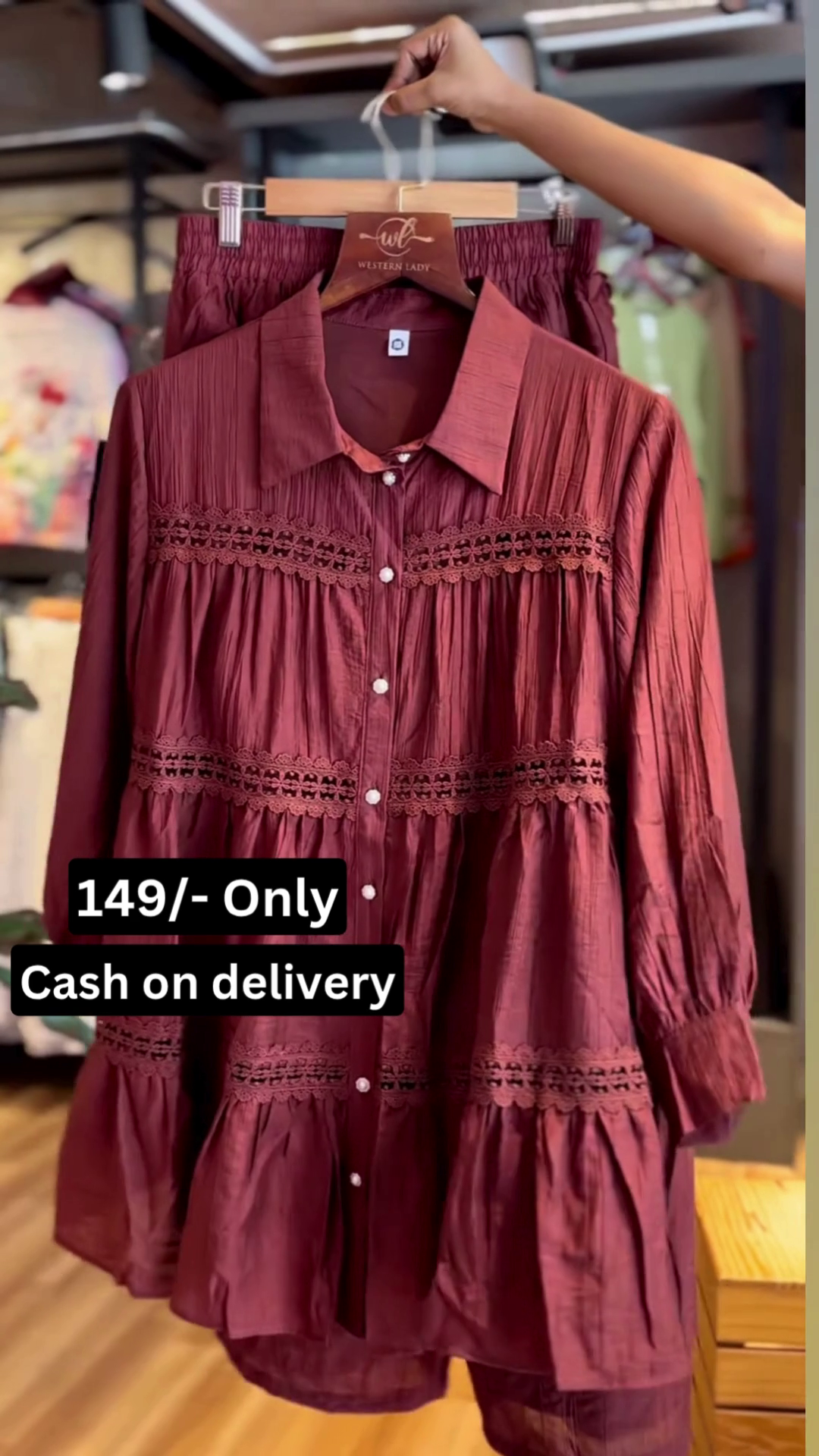 Stylish Maroon Tiered Shirt Dress Set