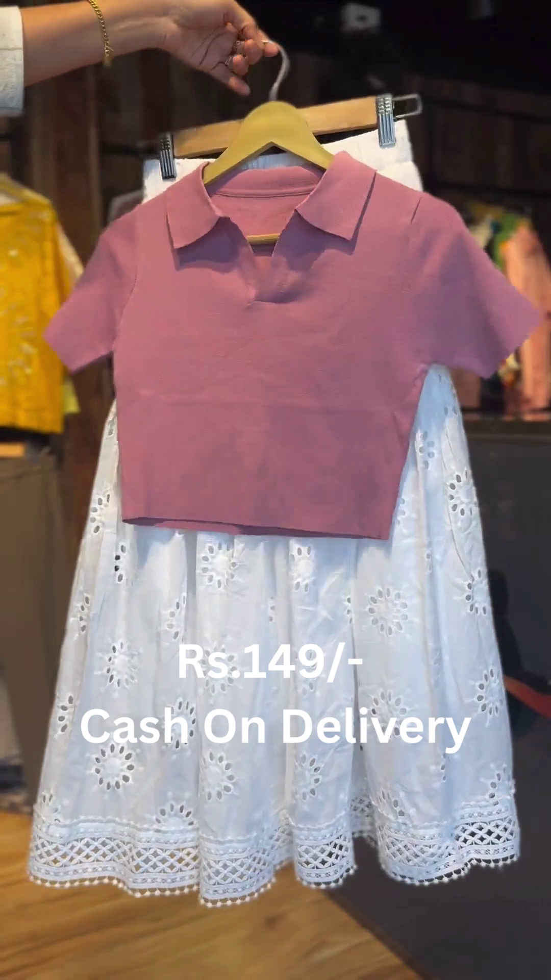 Trendy Pink Crop Top with White Lace Skirt