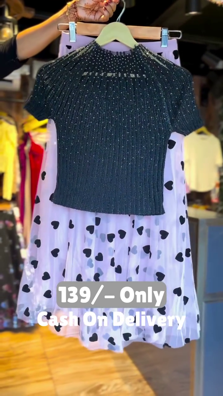 Trendy Black Crop Top with Heart Print Skirt