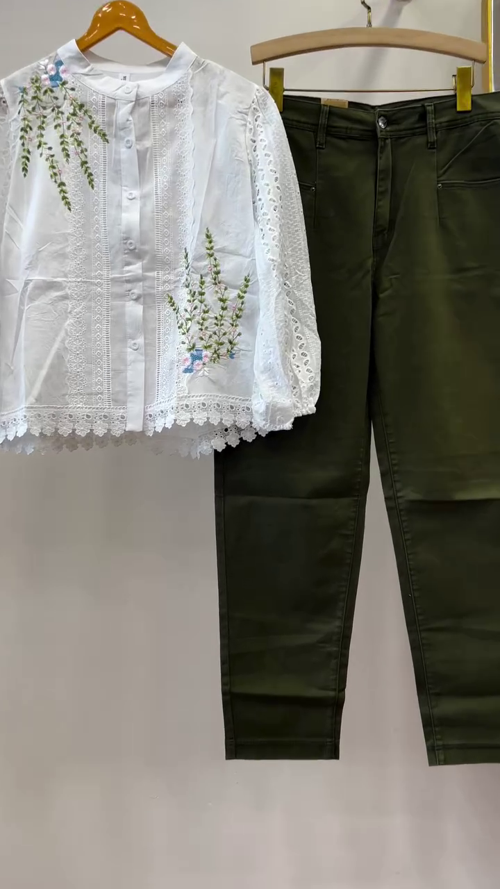 Elegant White Embroidered Top with Olive Pants