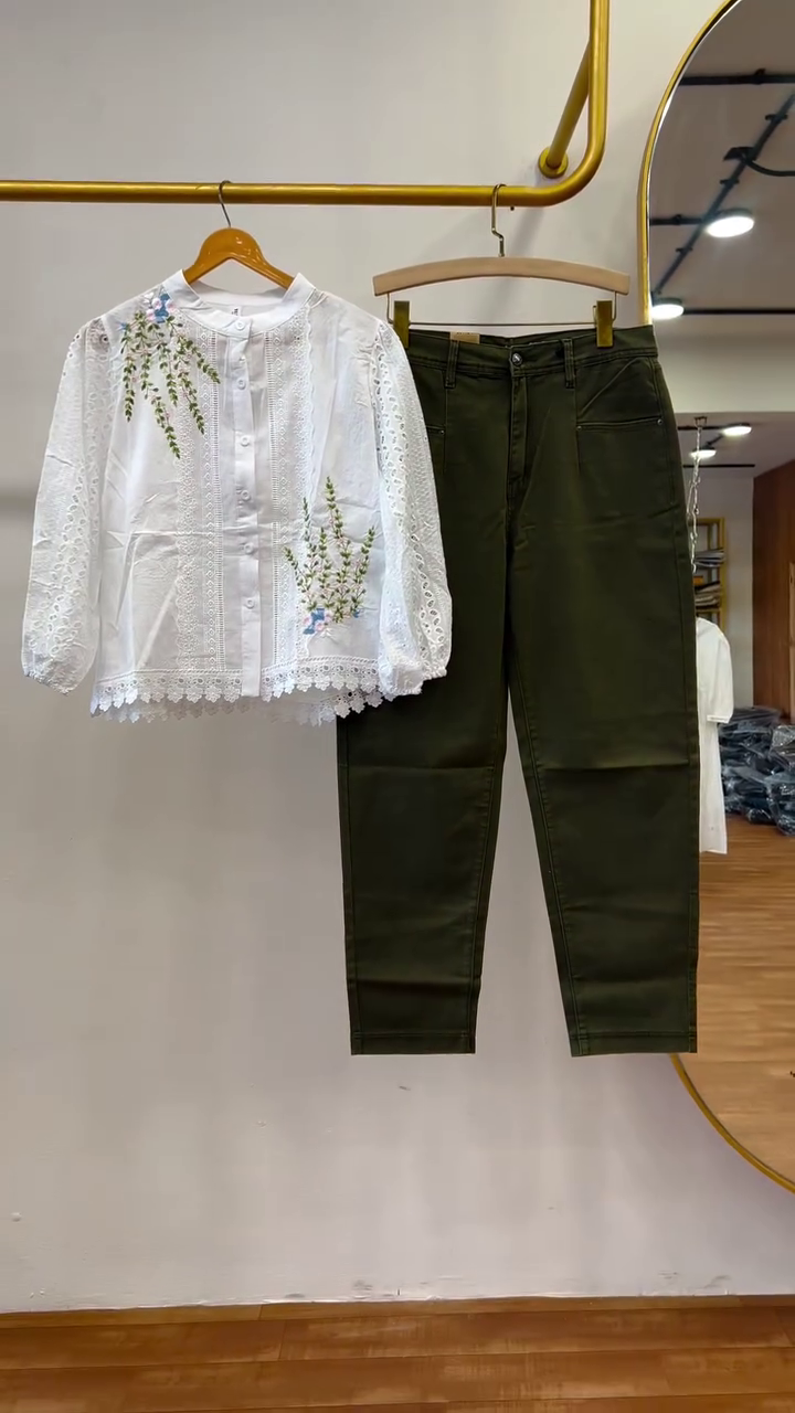 Elegant White Embroidered Top with Olive Pants