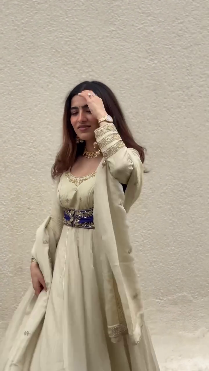 Graceful Sophistication in a Beige Anarkali Ensemble