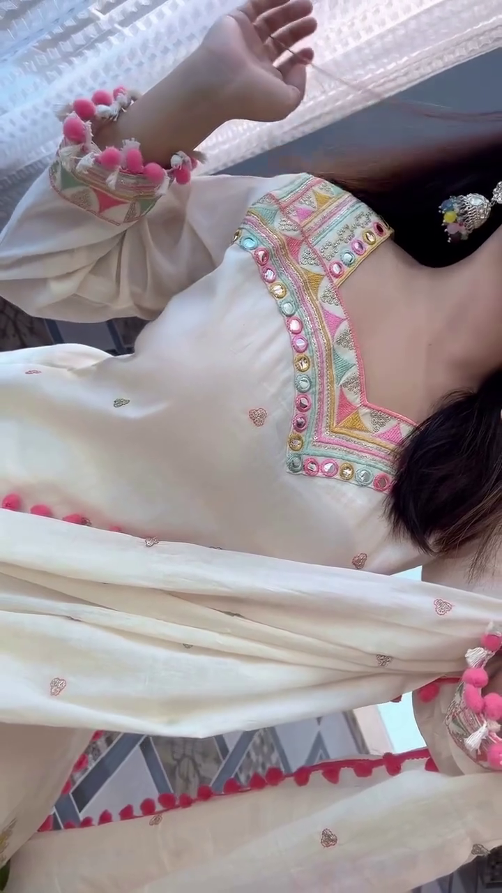 Beautiful Cream Embroidered Suit – Festive Elegance with Colorful Detailing