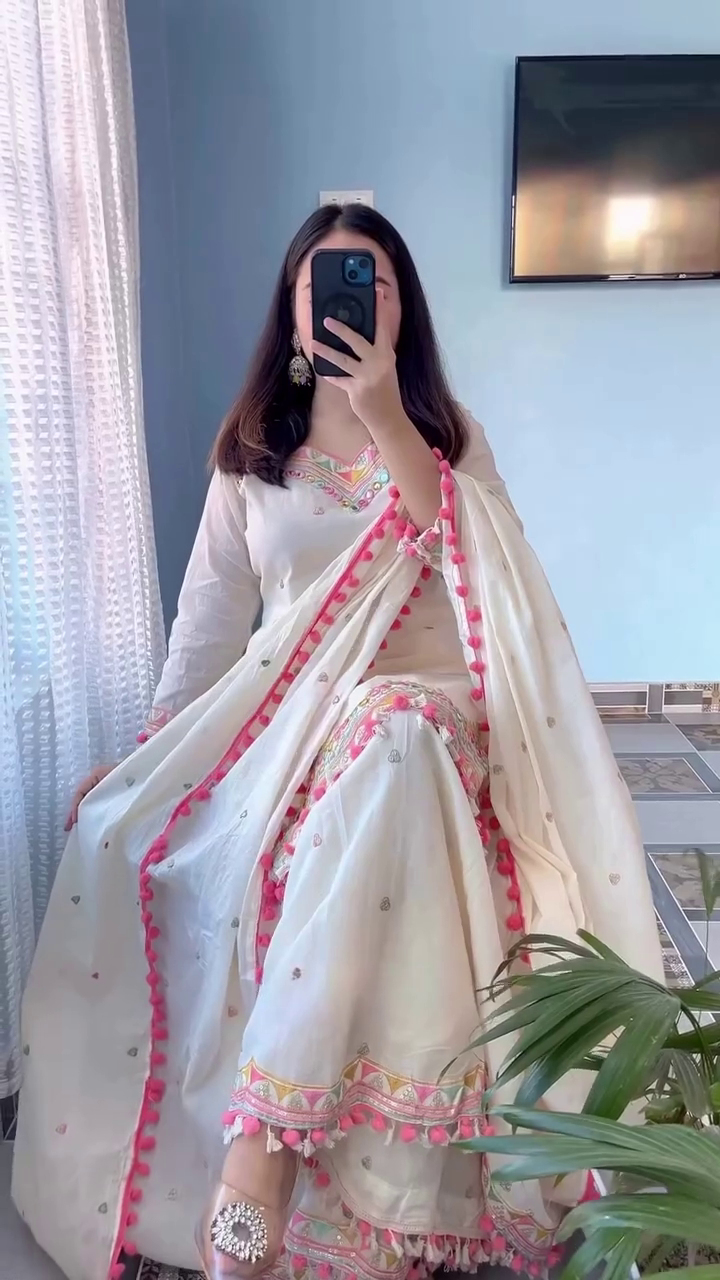 Beautiful Cream Embroidered Suit – Festive Elegance with Colorful Detailing