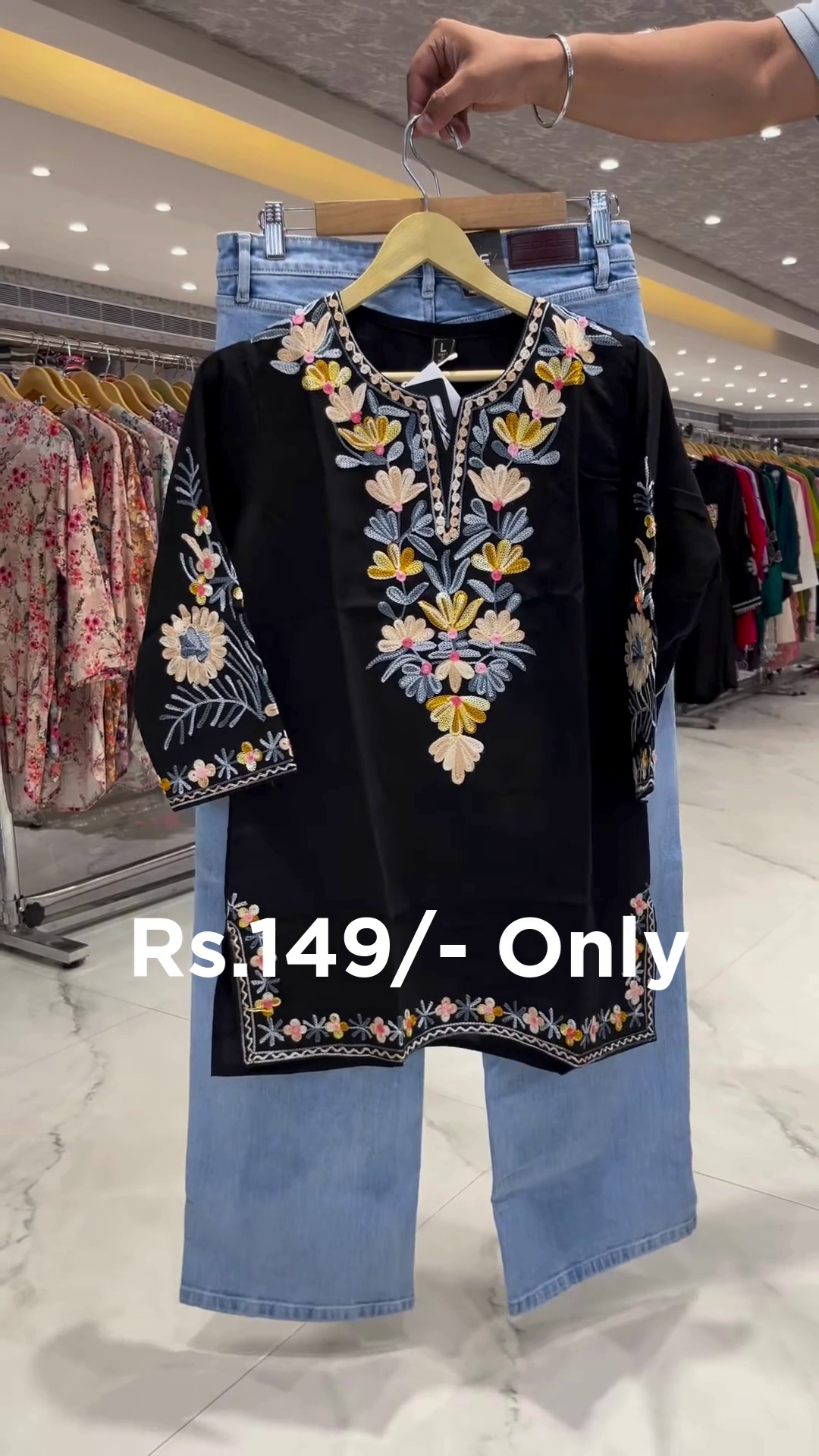 Elegant Embroidered Kurti Combo – Stylish Black Kurti with Denim