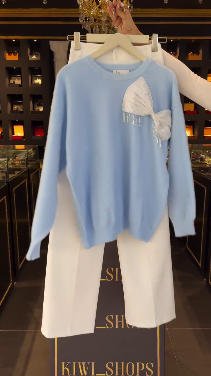 💎 Luxury Blue Sweater & White Pant Set – Soft, Stylish & Winter Ready!