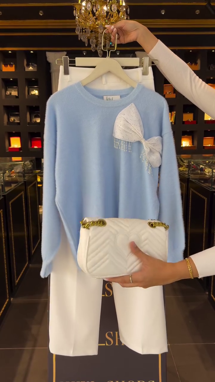 💎 Luxury Blue Sweater & White Pant Set – Soft, Stylish & Winter Ready!