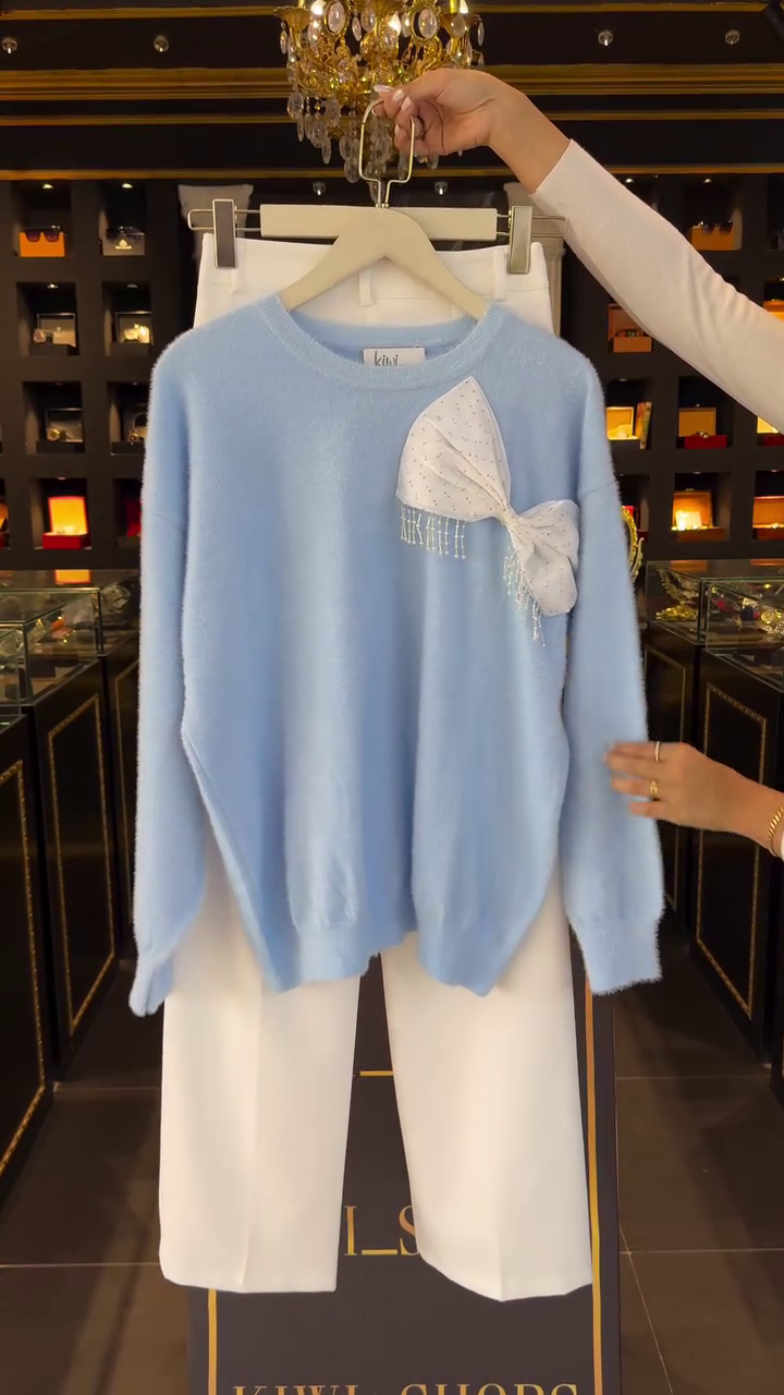 Pastel Blue Knit & White Pants Set – Minimal Luxe Look