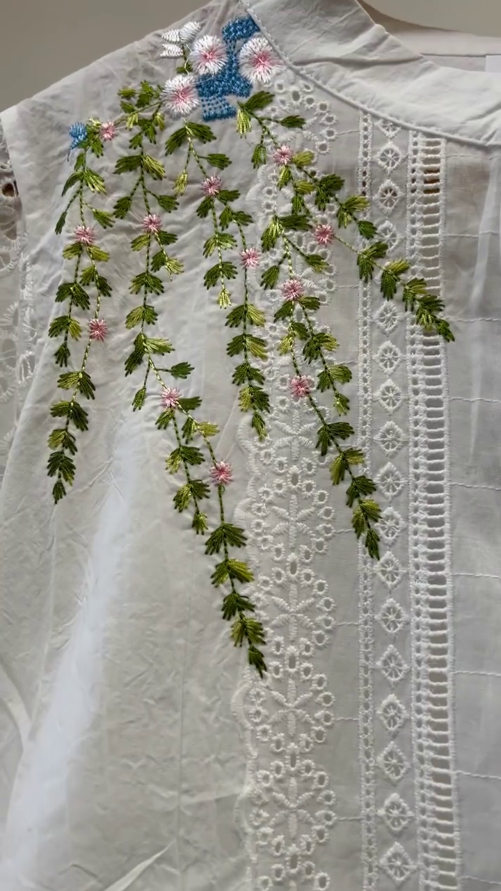 Elegant White Embroidered Top with Olive Pants – Minimal Chic Look